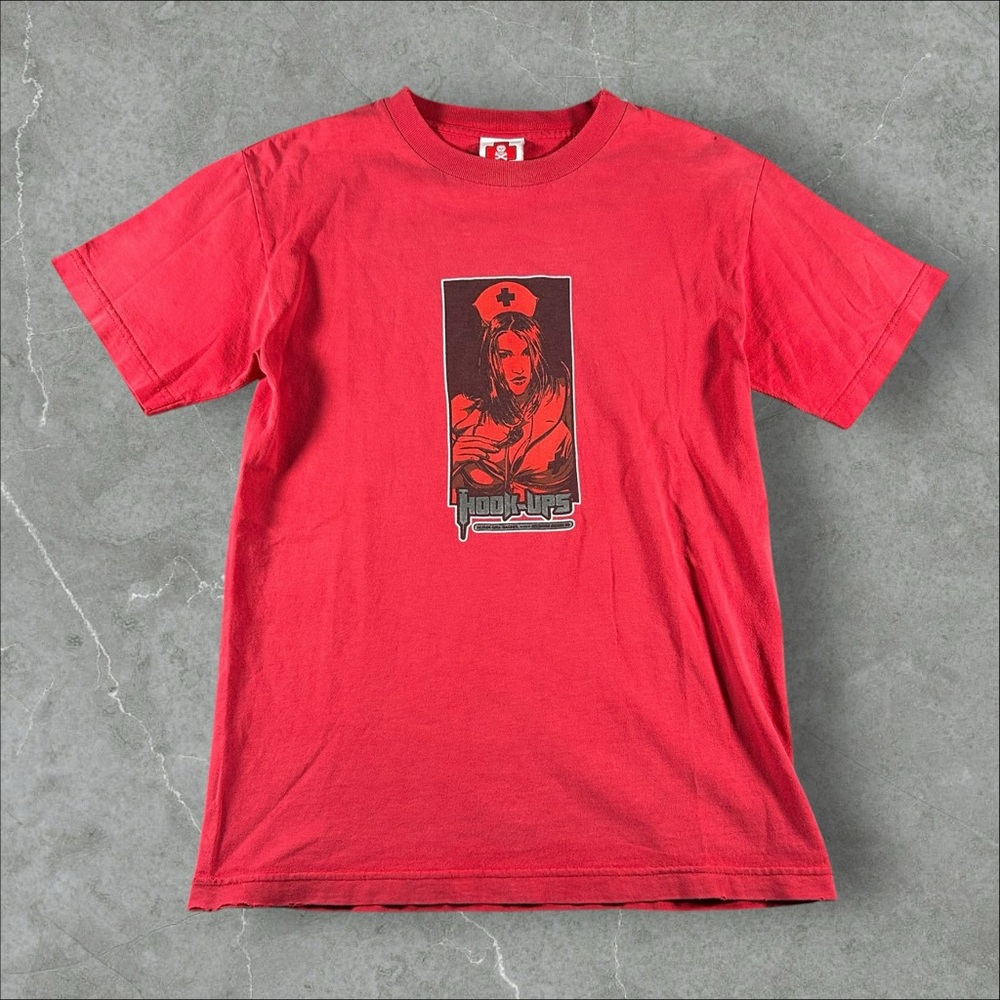 Vintage Hook Ups Shirt Men Small Red 90s Skateboard Skater Nurse Girl Rachel USA